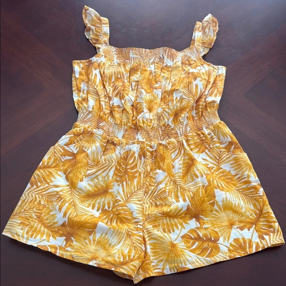 Janie and Jack Yellow and White Romper with Elastic Waist palm leaf